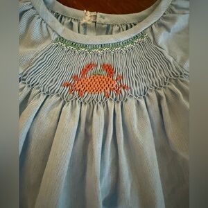 Dress Blue Smocked SZ 2 Girl Toddler Puff Sleeves Embroidered Crab FinePinstripe
